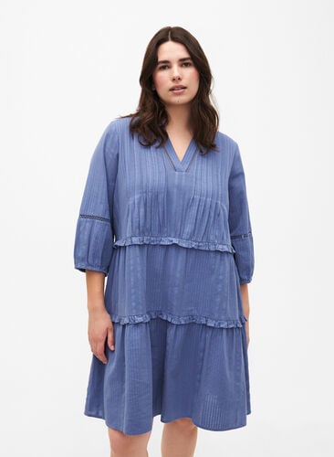 3/4 sleeve cotton dress with ruffles, Moonlight Blue, Model image number 0