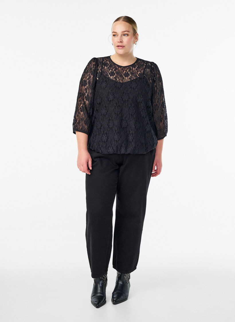 Lace blouse with 3/4 sleeves, Black, Model image number 1