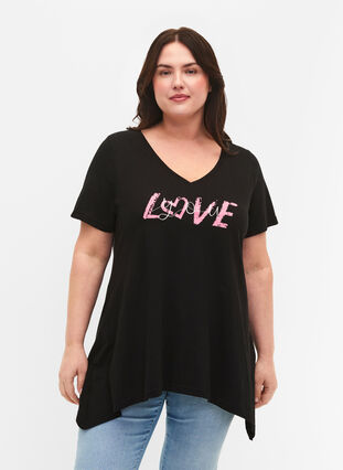 Cotton t-shirt with short sleeves, Black LOVE, Model image number 0