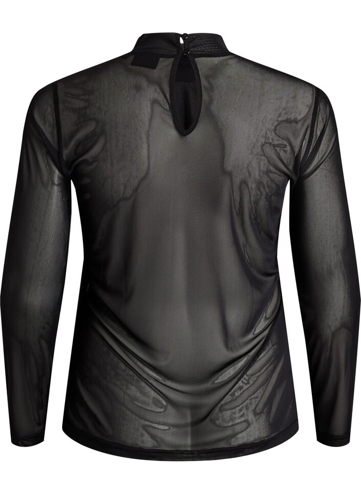 Fitted mesh blouse with long sleeves, Black, Packshot image number 1