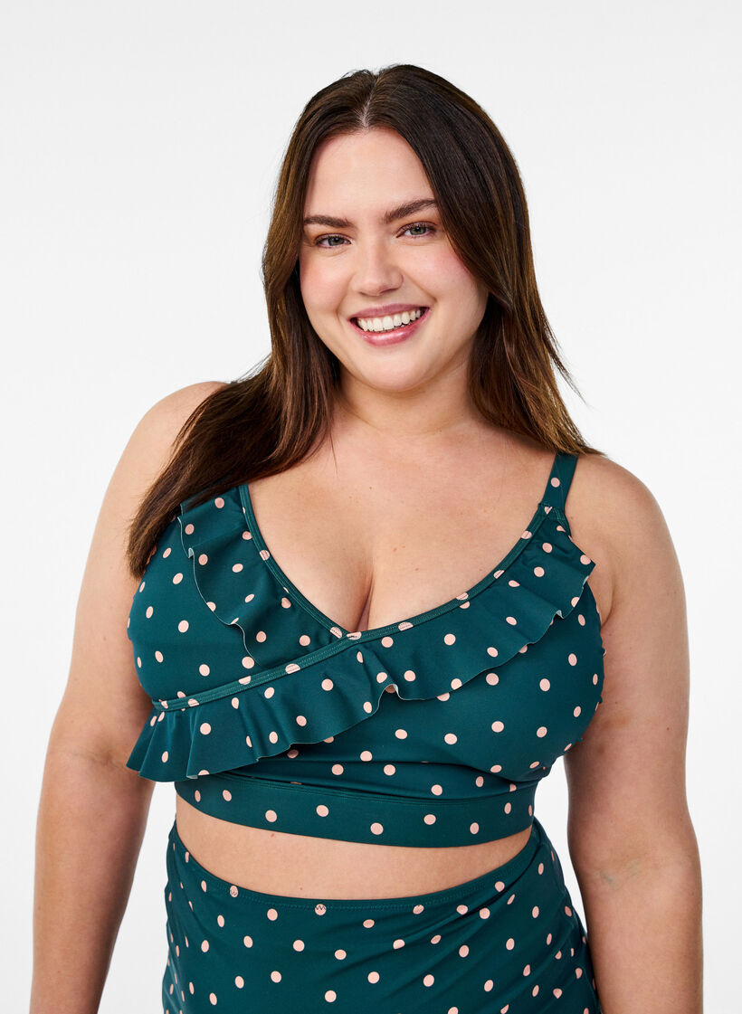 Bikini top with print and ruffle details, Green, Model image number 0