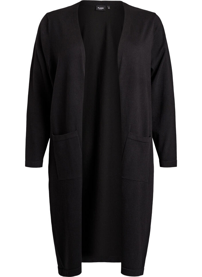 Long, open cardigan with pockets, Black, Packshot image number 0