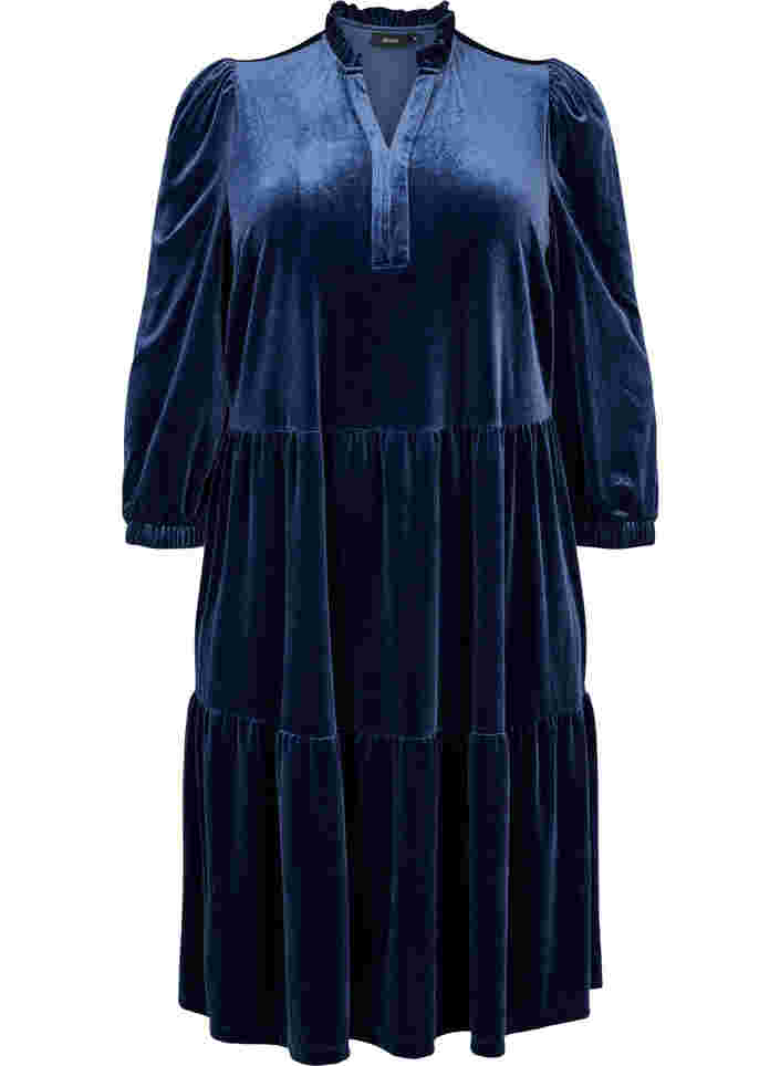 Velvet dress with ruffle collar and 3/4 sleeves, Navy Blazer, Packshot image number 0
