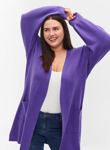 Long knitted cardigan with balloon sleeves, Purple Opulence, Model image number 1