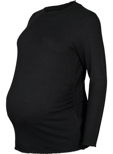 Long-sleeved maternity blouse in rib, Black, Packshot image number 0