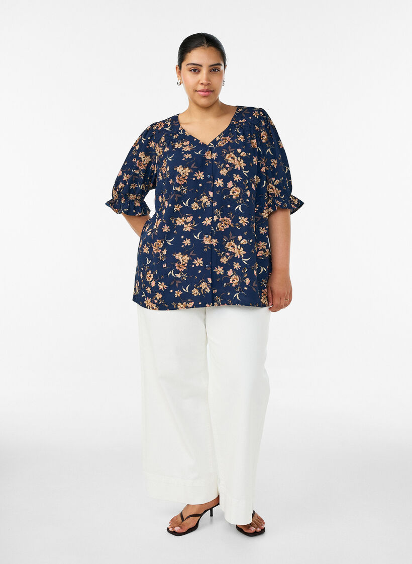 Shirt blouse with 1/2 sleeves, Blue, Model image number 1