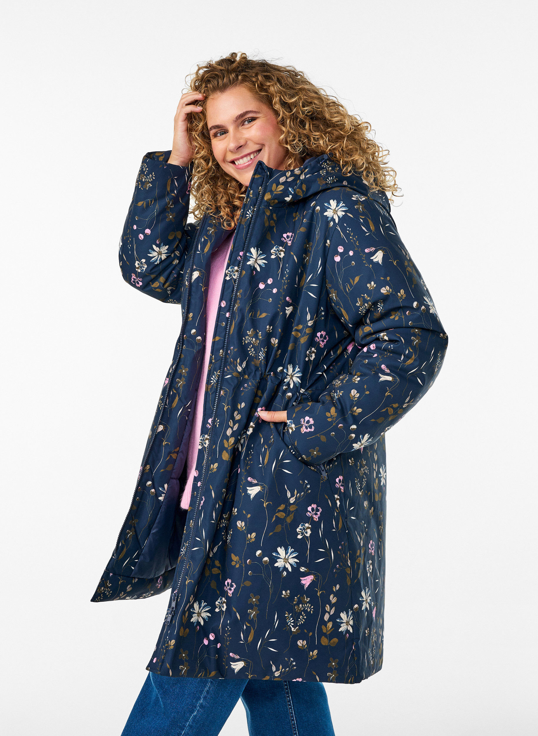 Padded winter jacket with floral print, Blue, Model