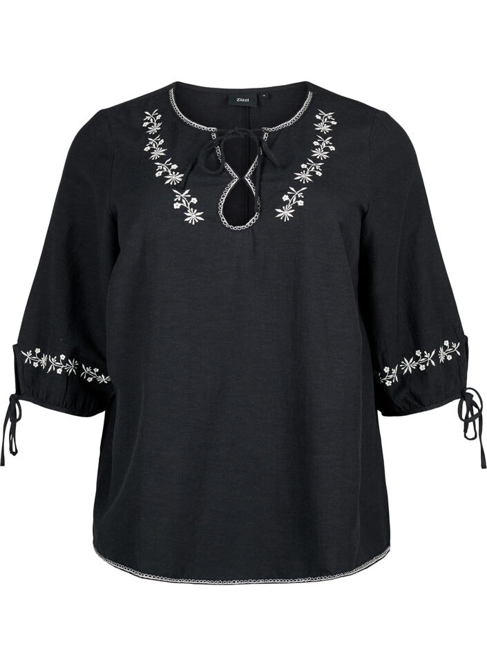 Embroidered blouse in cotton blend with linen, Black W. EMB, Packshot image number 0