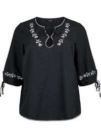 Embroidered blouse in cotton blend with linen