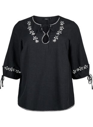 Embroidered blouse in cotton blend with linen, Black W. EMB, Packshot image number 0