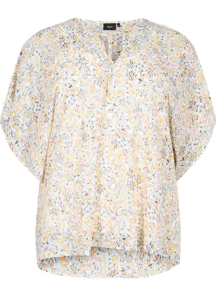 Printed blouse with tie strings and short sleeves, Icicle Flower AOP, Packshot image number 0