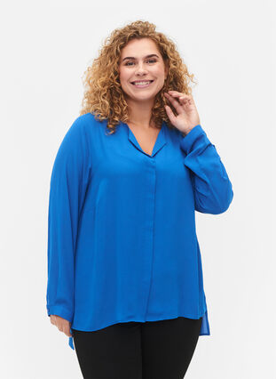 Solid colour shirt with v-neck, Princess Blue, Model image number 0