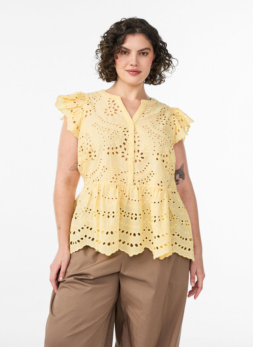 Sleeveless broderie anglaise blouse with ruffles, Yellow, Model image number 0