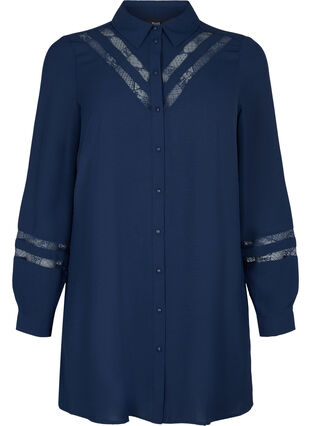 Long shirt with lace details, Navy Blazer, Packshot image number 0