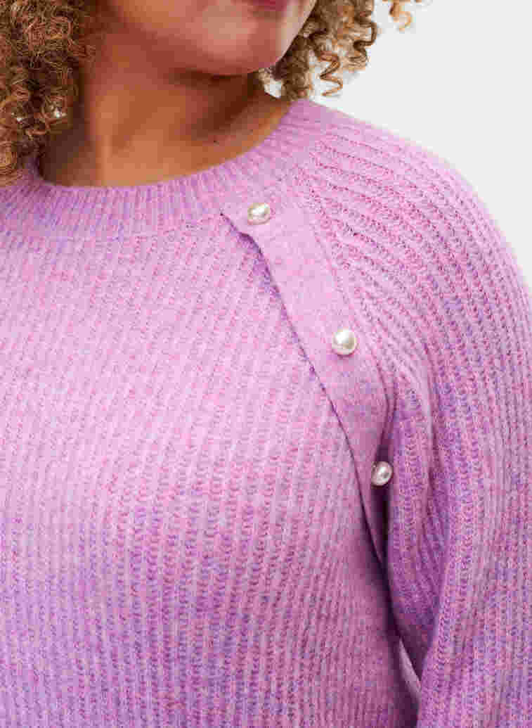 Melange knit sweater with pearl buttons, Purple Mel., Model image number 2