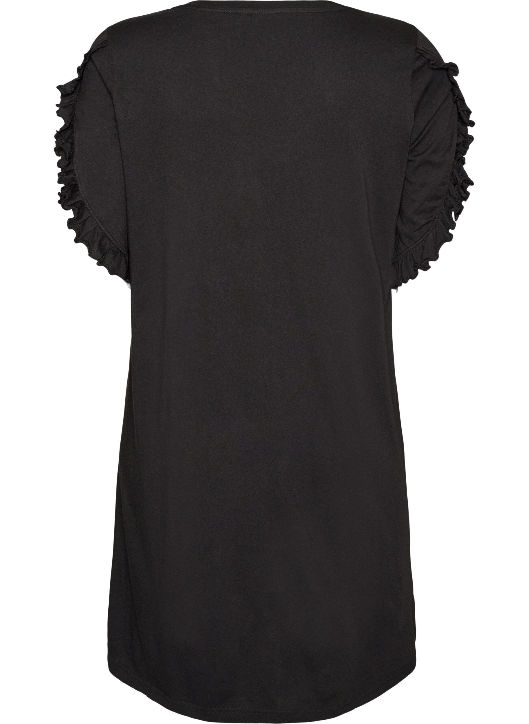 ZizzifashionNightgown in organic cotton with ruffle sleeves, Black, Packshot image number 1