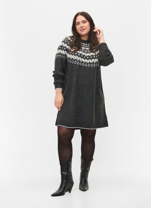 Patterned knit dress with wool, Dark Grey Mel Comb, Model image number 2