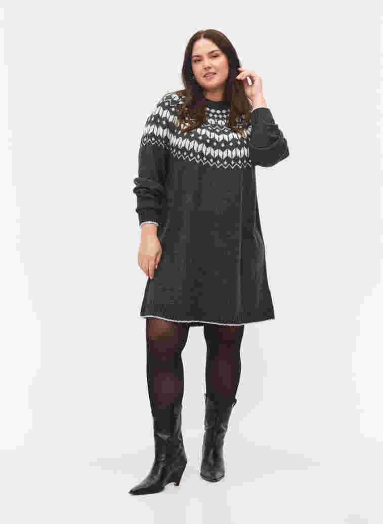 Patterned knit dress with wool, Dark Grey Mel Comb, Model image number 2