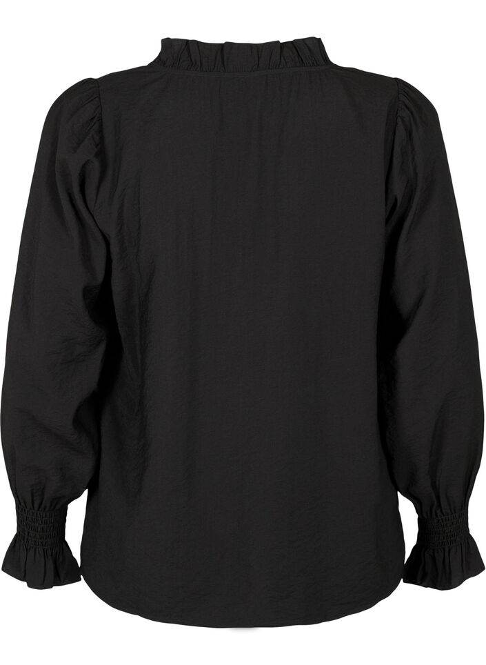 Long-sleeved viscose blouse with ruffle details, Black, Packshot image number 1