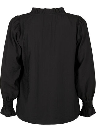Long-sleeved viscose blouse with ruffle details, Black, Packshot image number 1