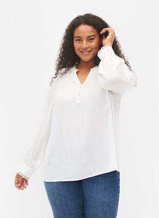 Long-sleeved blouse with v-neck, Bright White, Model image number 0