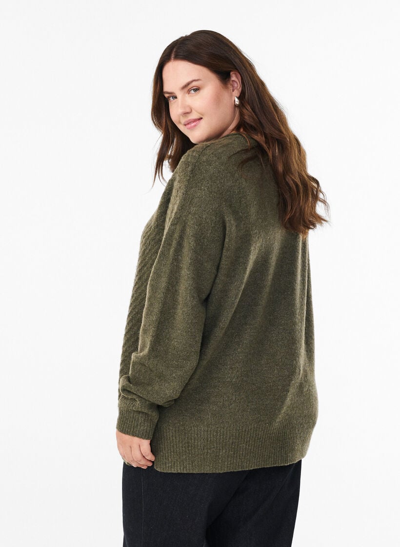 Knitted blouse with V-shaped rib pattern and slits, Green, Model image number 2