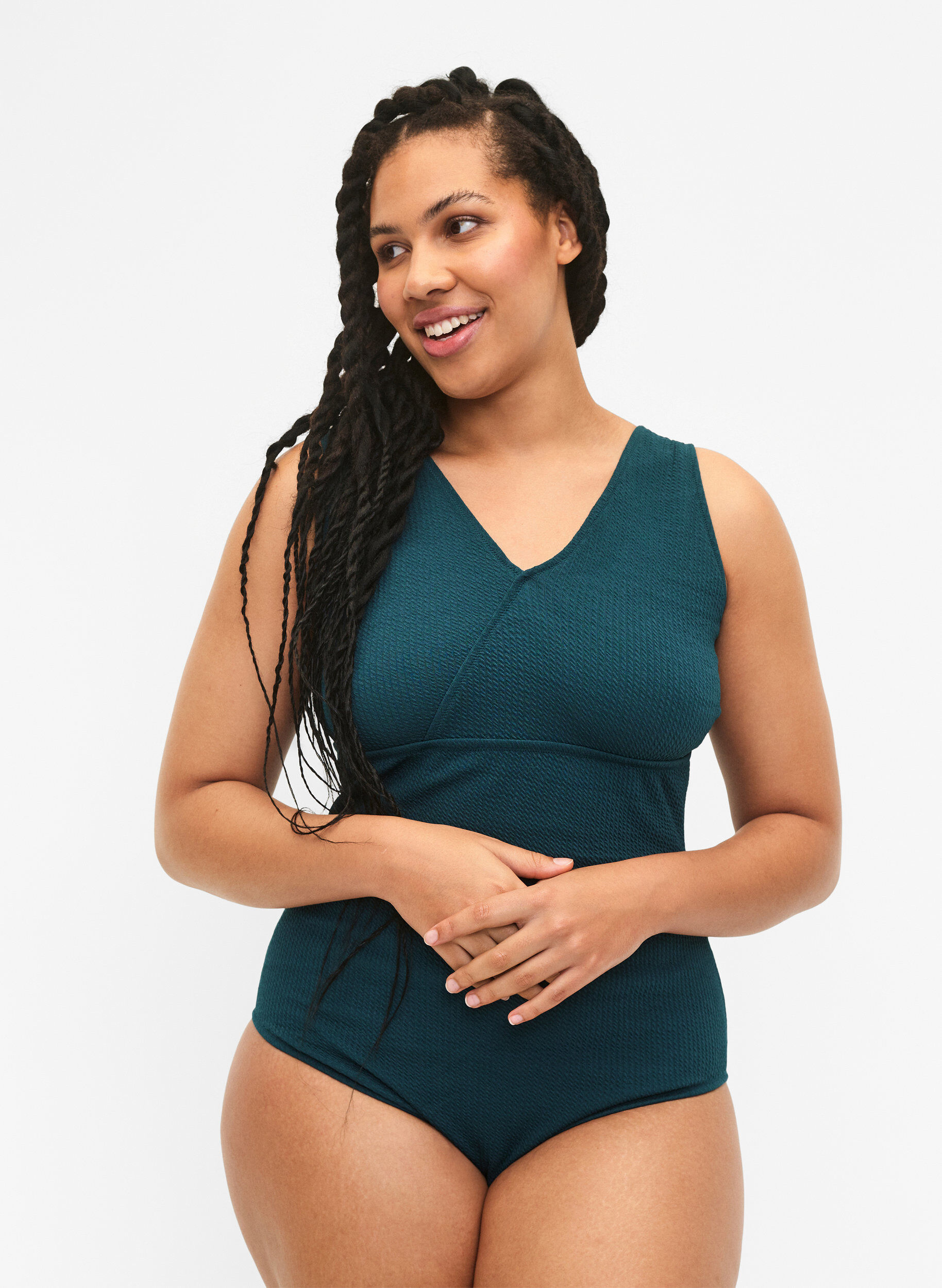 Zizzifashion Swimsuit with crepe texture and wrap effect, Dark Sea, Model image number 0