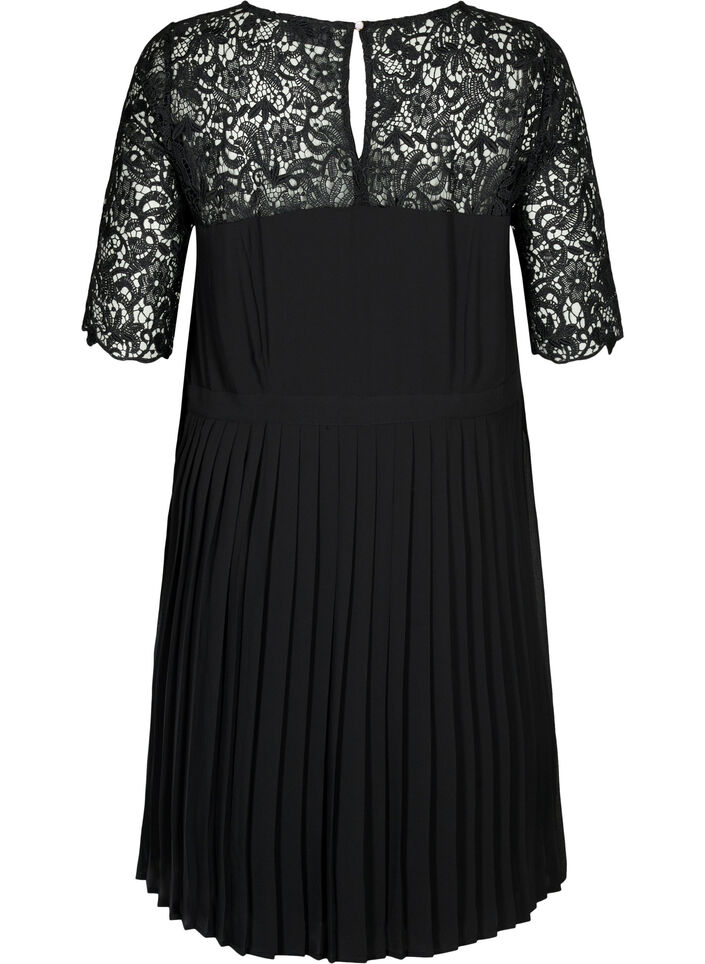 Short sleeve dress with lace top, Black, Packshot image number 1
