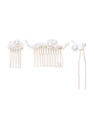 Beaded hair clips in a 3-pack, Pearl, Packshot image number 0