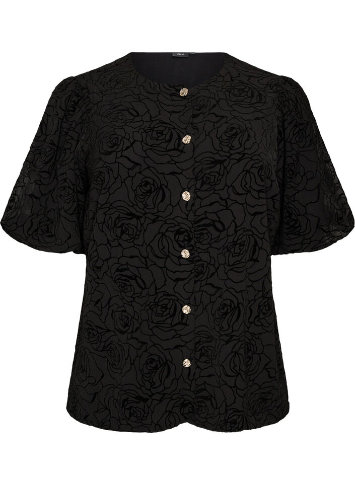 Blouse with floral pattern and balloon sleeves, Black, Packshot image number 0