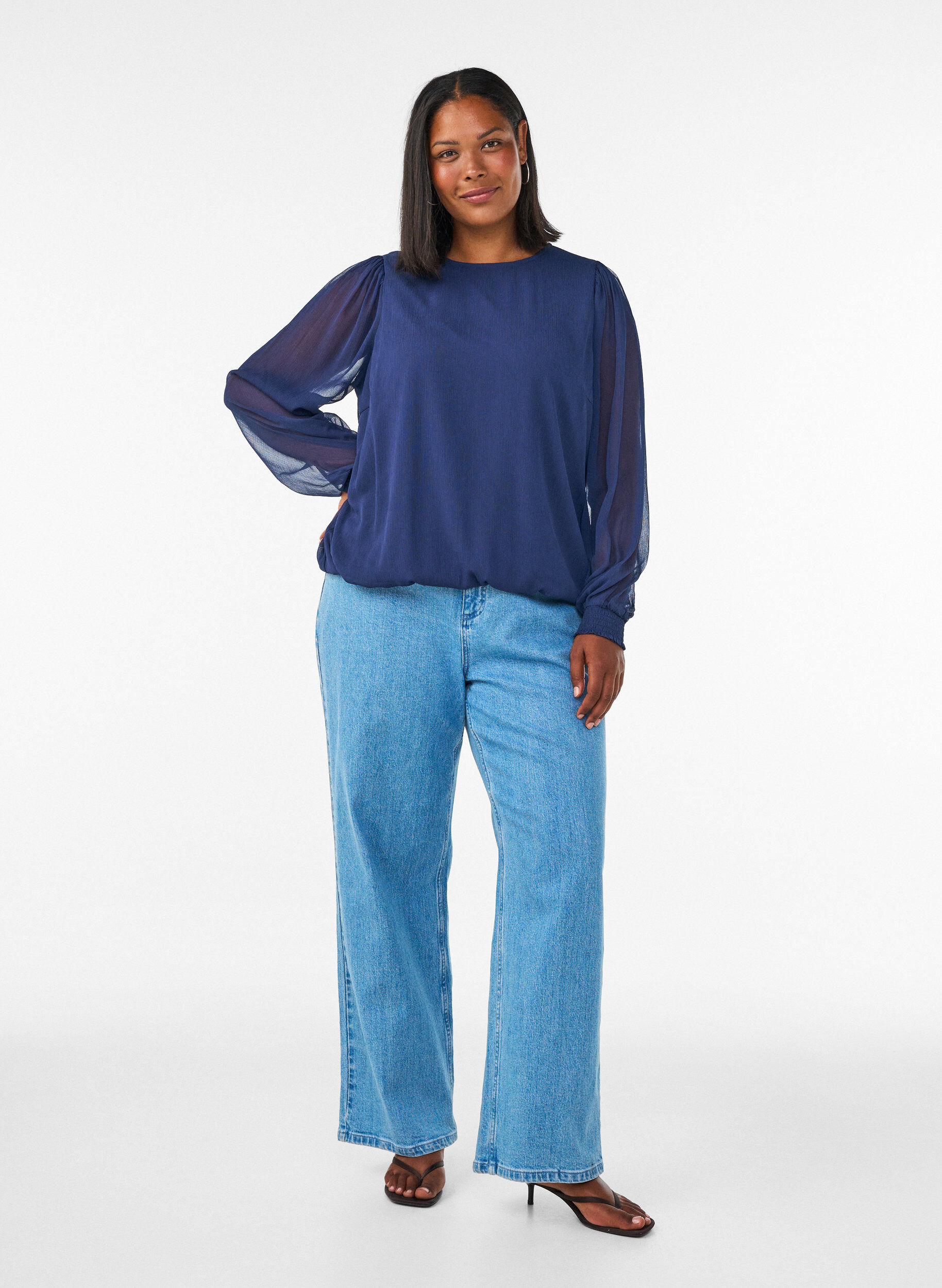 ZizzifashionChiffon blouse with sheer sleeves, Blue, Model image number 1