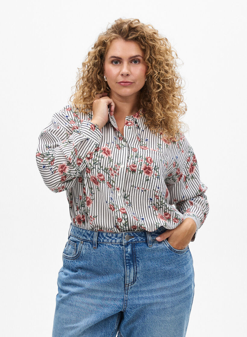 Shirt with floral print and narrow stripes, Black, Model image number 0