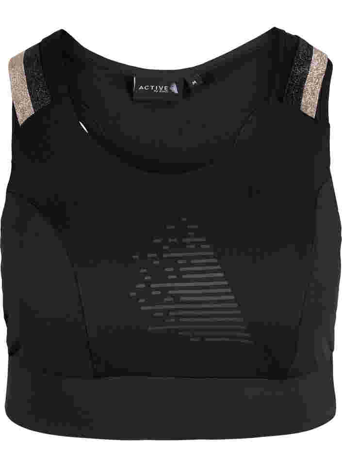 Sports bra with glitter and cross back, Black, Packshot image number 0