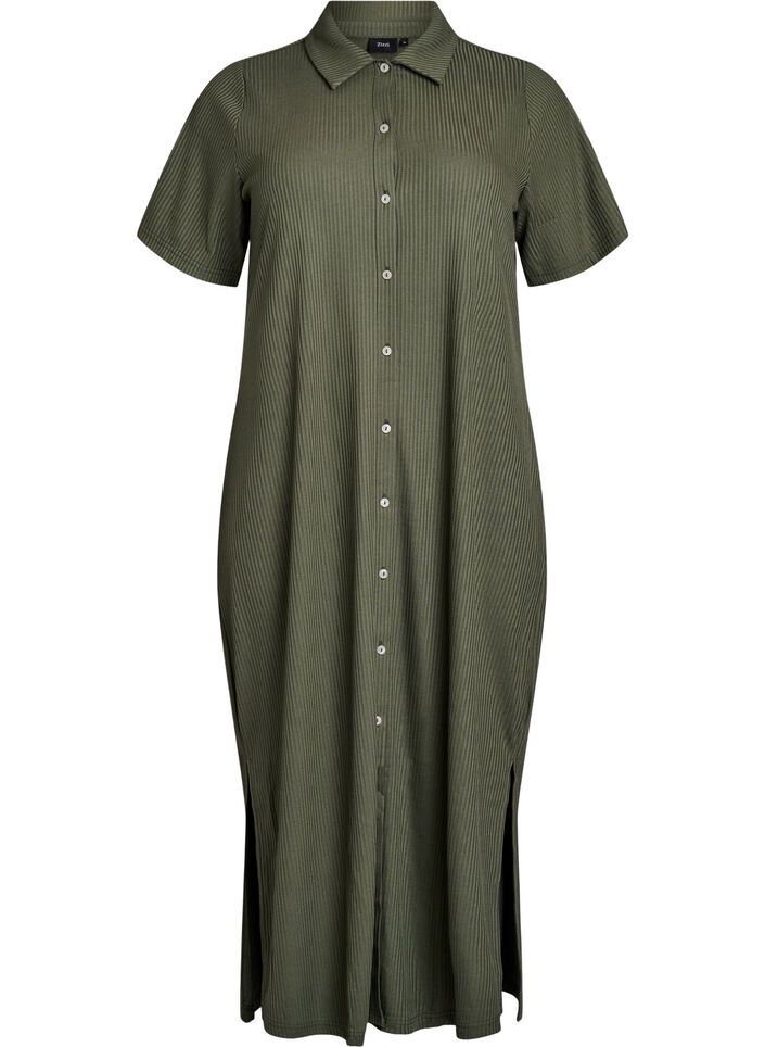 Maxi dress in jersey with collar and short sleeves, Green, Packshot image number 0