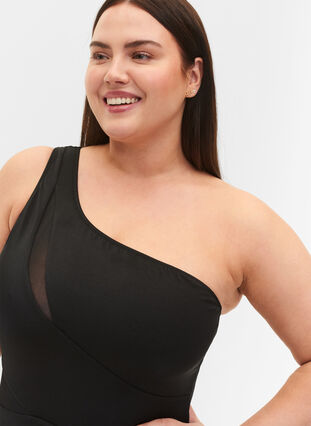 One-shoulder swimsuit with mesh, Black, Model image number 2