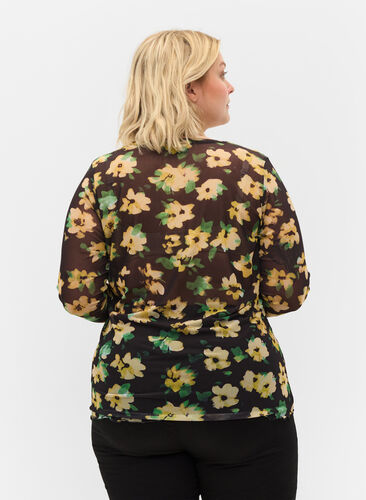Tight fit mesh blouse with floral print, Yellow Green AOP, Model image number 1