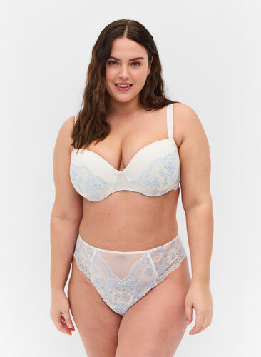 Lace g-string with a regular waist, Tofu w. blue, Model image number 0