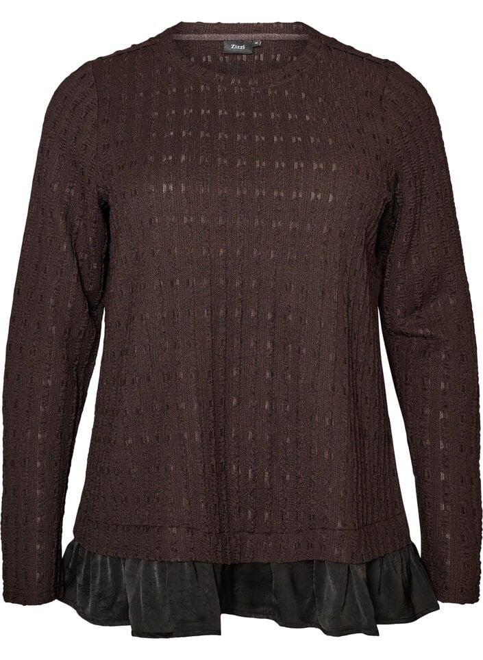 Structured blouse with ruffle hem, Brown, Packshot image number 0
