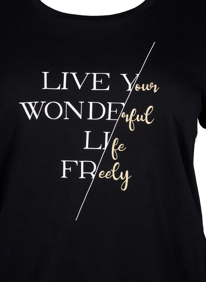 Short-sleeved cotton T-shirt with elasticated hem, Black w. Live, Packshot image number 2