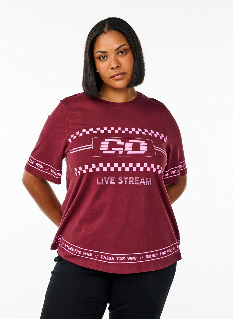 Oversize T-shirt with sporty print, Dark Bordeaux, Model image number 0