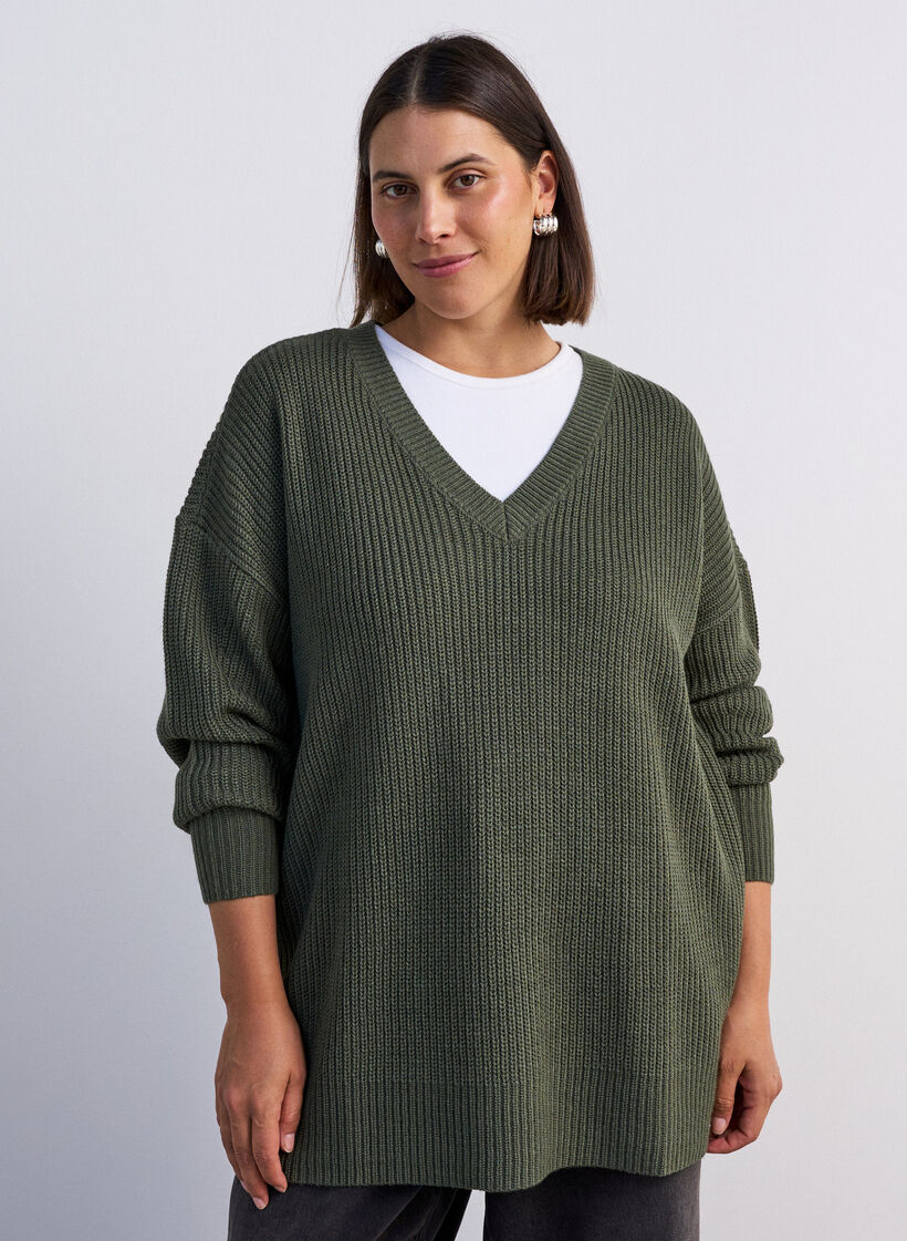 Long rib-knitted blouse with a V-neck, Green, Model image number 0