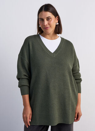 Green Solvent Guide Long rib-knitted blouse with a V-neck - Green - Sz. 40-64 - Zizzifashion