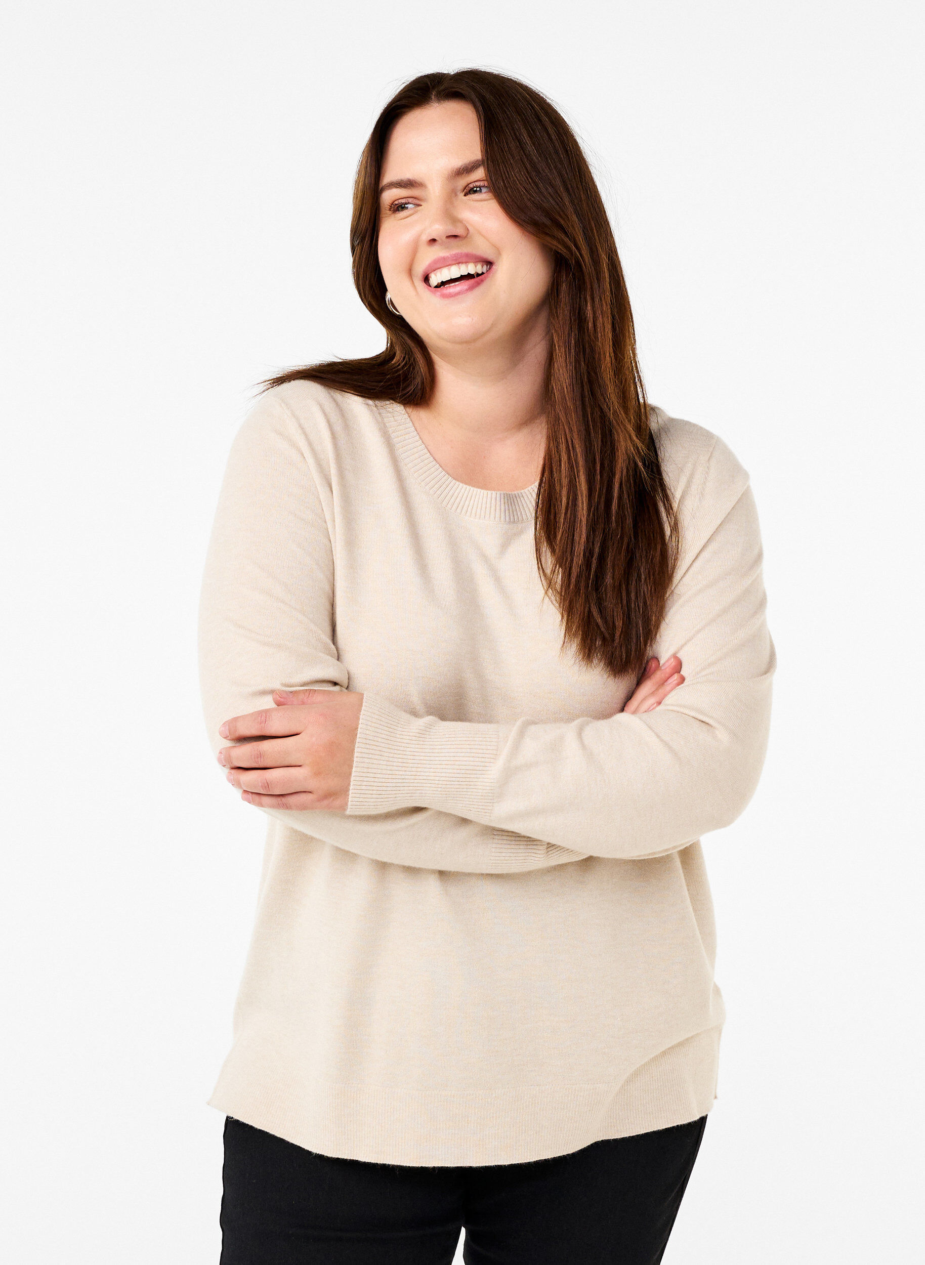 ZizzifashionKnitted blouse with a round neck, Beige, Model image number 0