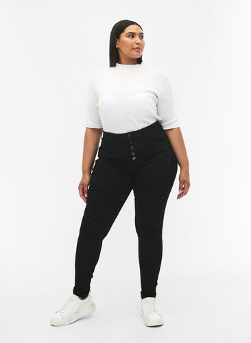 High-waisted Amy jeans with buttons, Black, Model image number 0