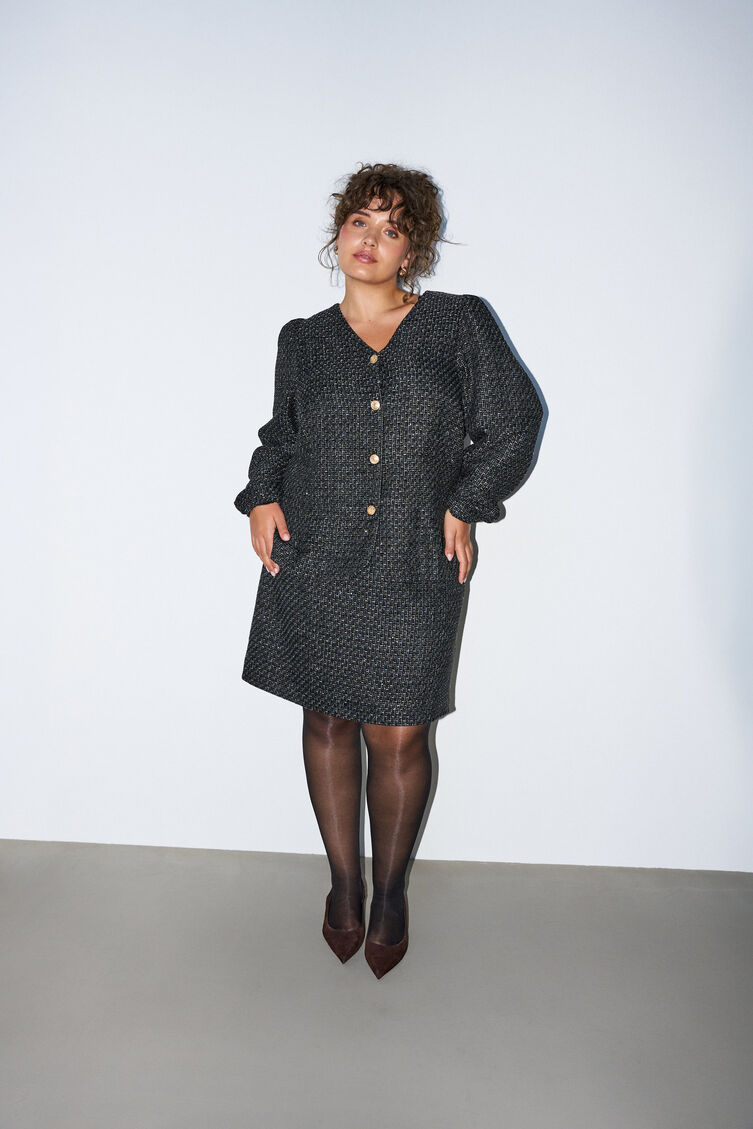 Short boucl&eacute; skirt with sequins, Black, Model image number 1