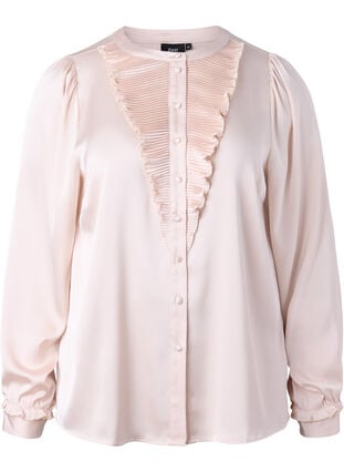 Satin shirt blouse with ruffle details, Champagne, Packshot image number 0