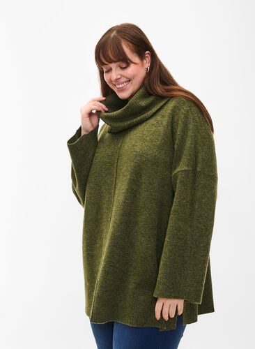 Melange knit sweater with turtleneck, Winter Moss Mel., Model image number 0