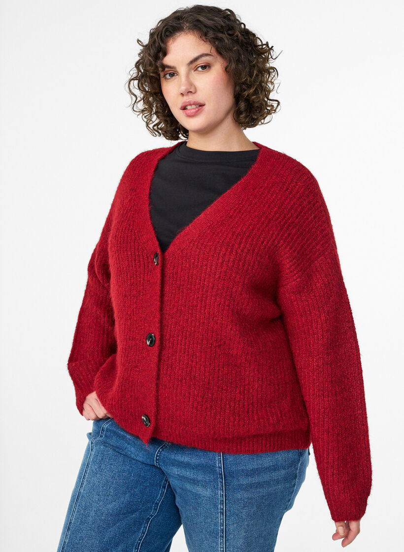 Knit cardigan with v-neck, Red, Model image number 0