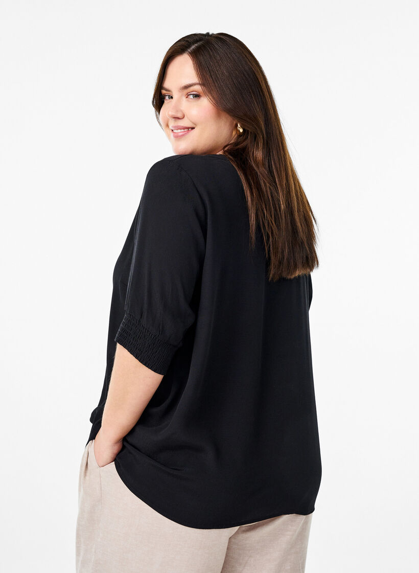 Short-sleeved viscose blouse, Black, Model image number 2