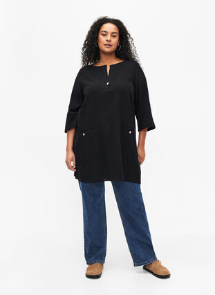 3/4 sleeve cotton blend tunic with linen, Black, Model image number 3